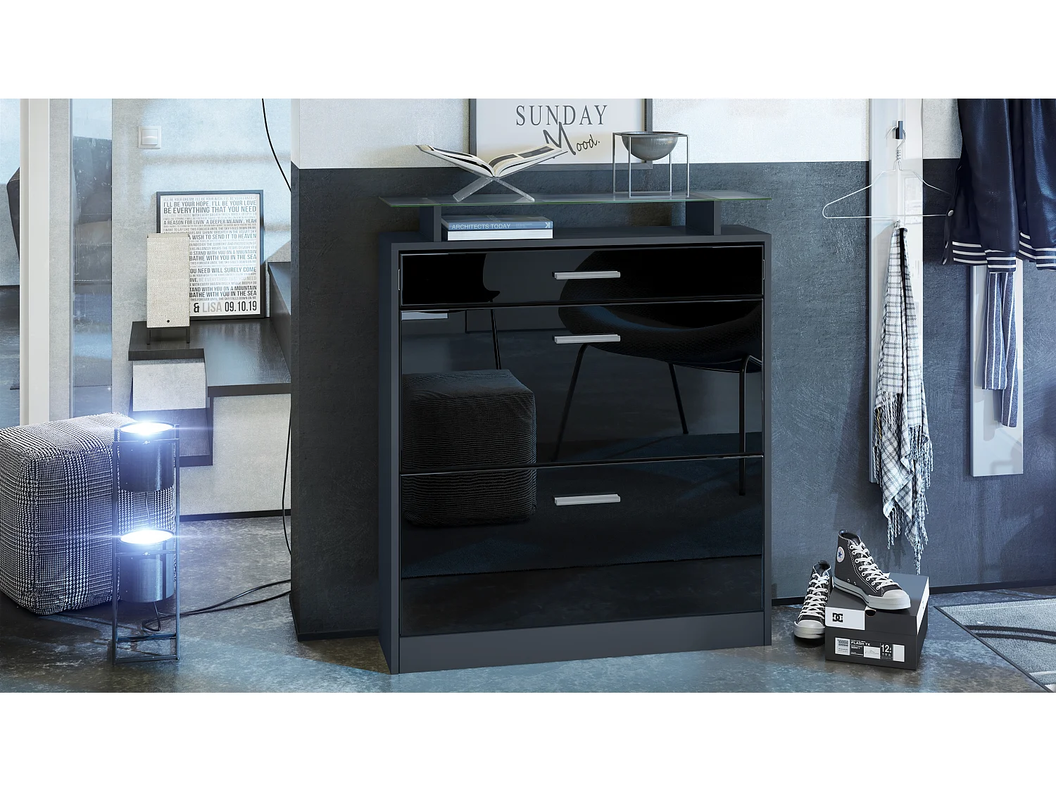 Scarpiera Loret 89 x 104 x 23 cm per 16 paia di scarpe, con ripiano in vetro, struttura in antracite opaco, frontale in nero lucido.