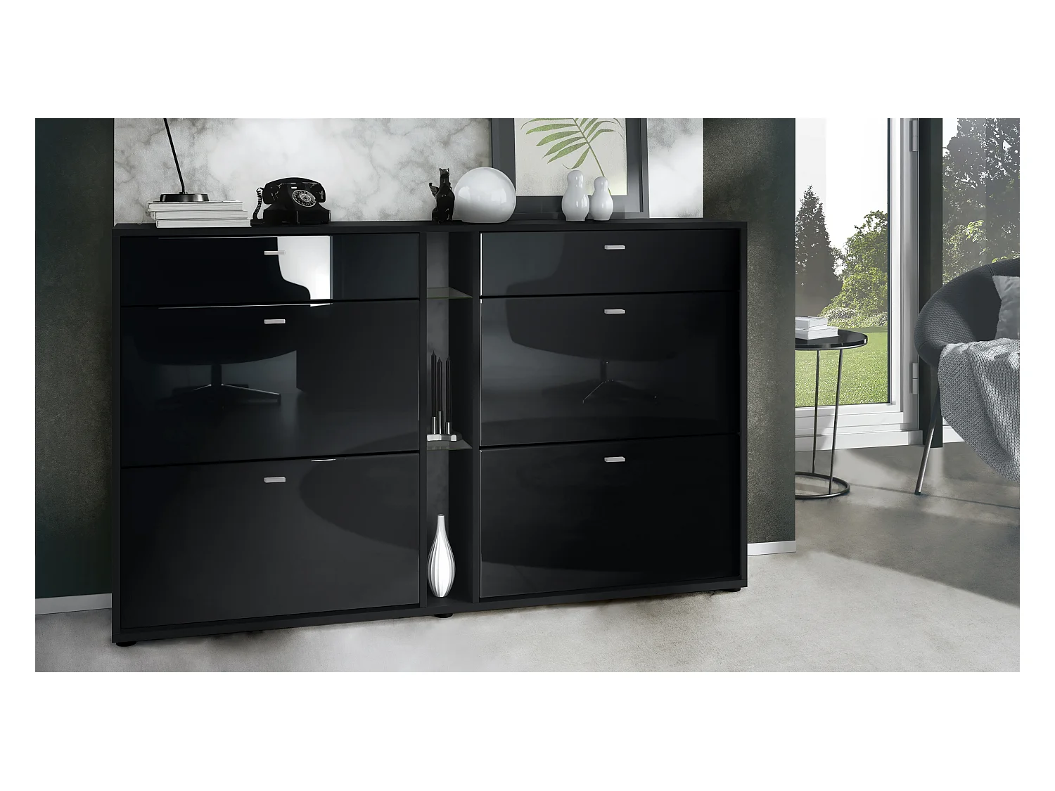 Meuble à chaussures à bascule Today 155,5 x 95 x 28 cm, corps en Noir mat, façades en noir haute brillance