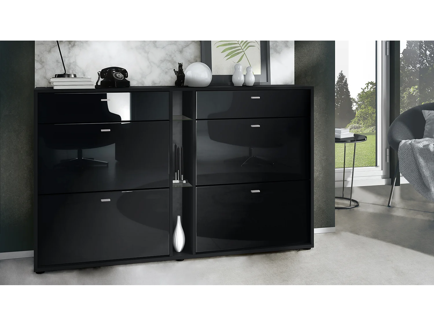 Scarpiera Today con 4 ante e 2 cassetti 155,5 x 95 x 28 cm, struttura in nero opaco, frontali in nero lucido