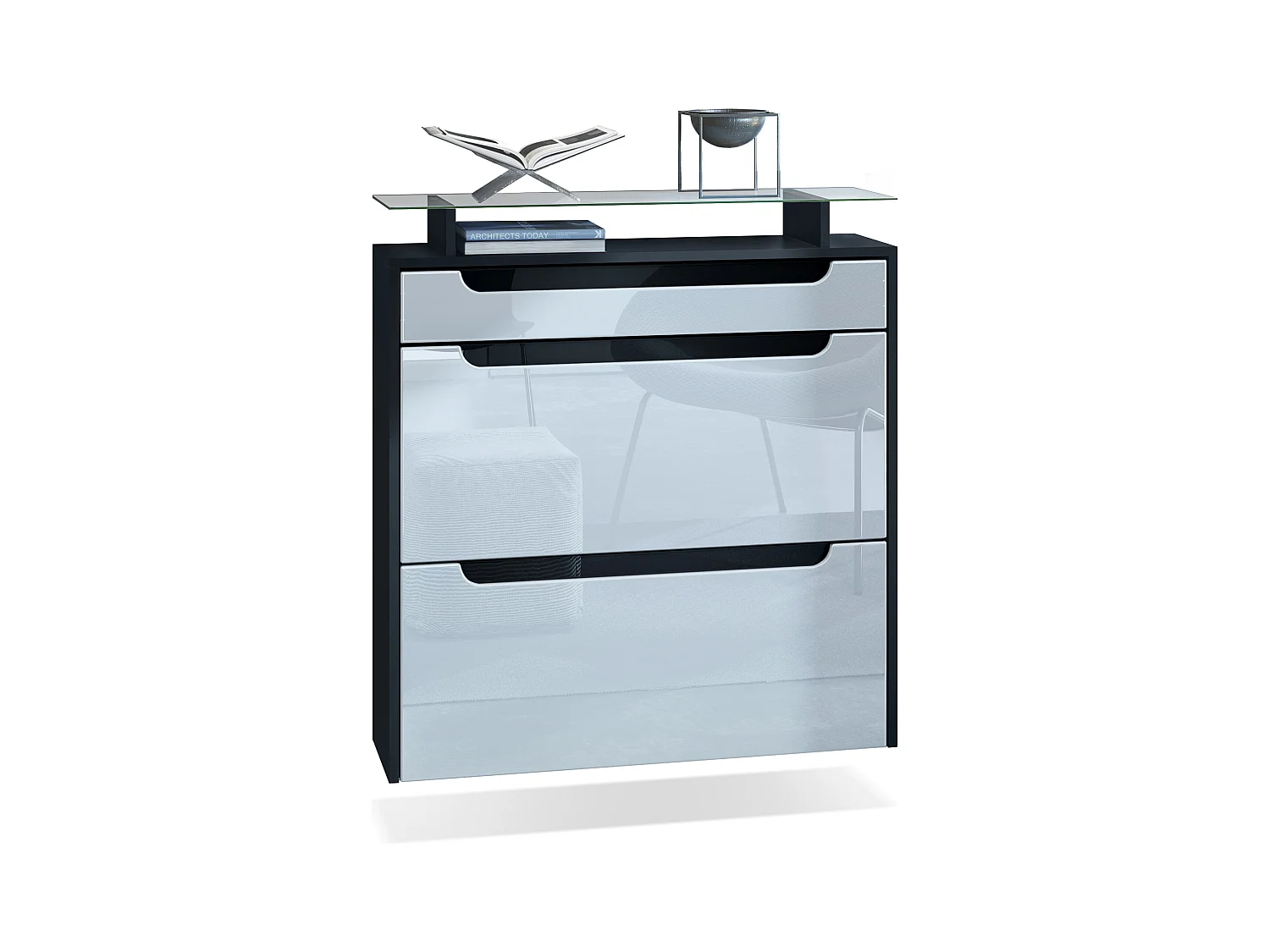 Meuble chaussures Annie pour 16 paires de chaussures avec 2 clapets et 1 tablette en verre, Noir mat/Blanc haute brillance (89 x 96 x 23 cm)