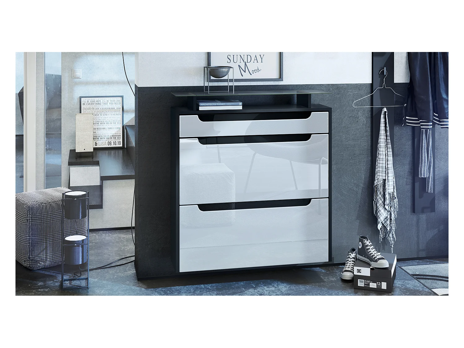 Meuble chaussures Annie pour 16 paires de chaussures avec 2 clapets et 1 tablette en verre, Noir mat/Blanc haute brillance (89 x 96 x 23 cm)