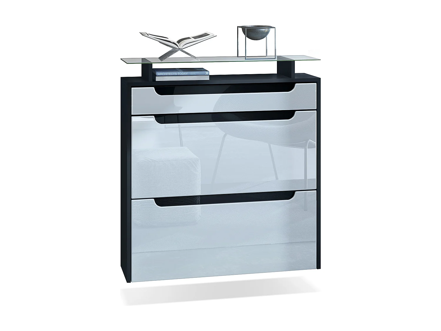 Scarpiera  Annie, mobile per 16 paia di scarpe con 2 ante a ribalta e 1 cassetto e ripiano in vetro, nero opaco/bianco lucido/nero lucido (89 x 96 x 23 cm)