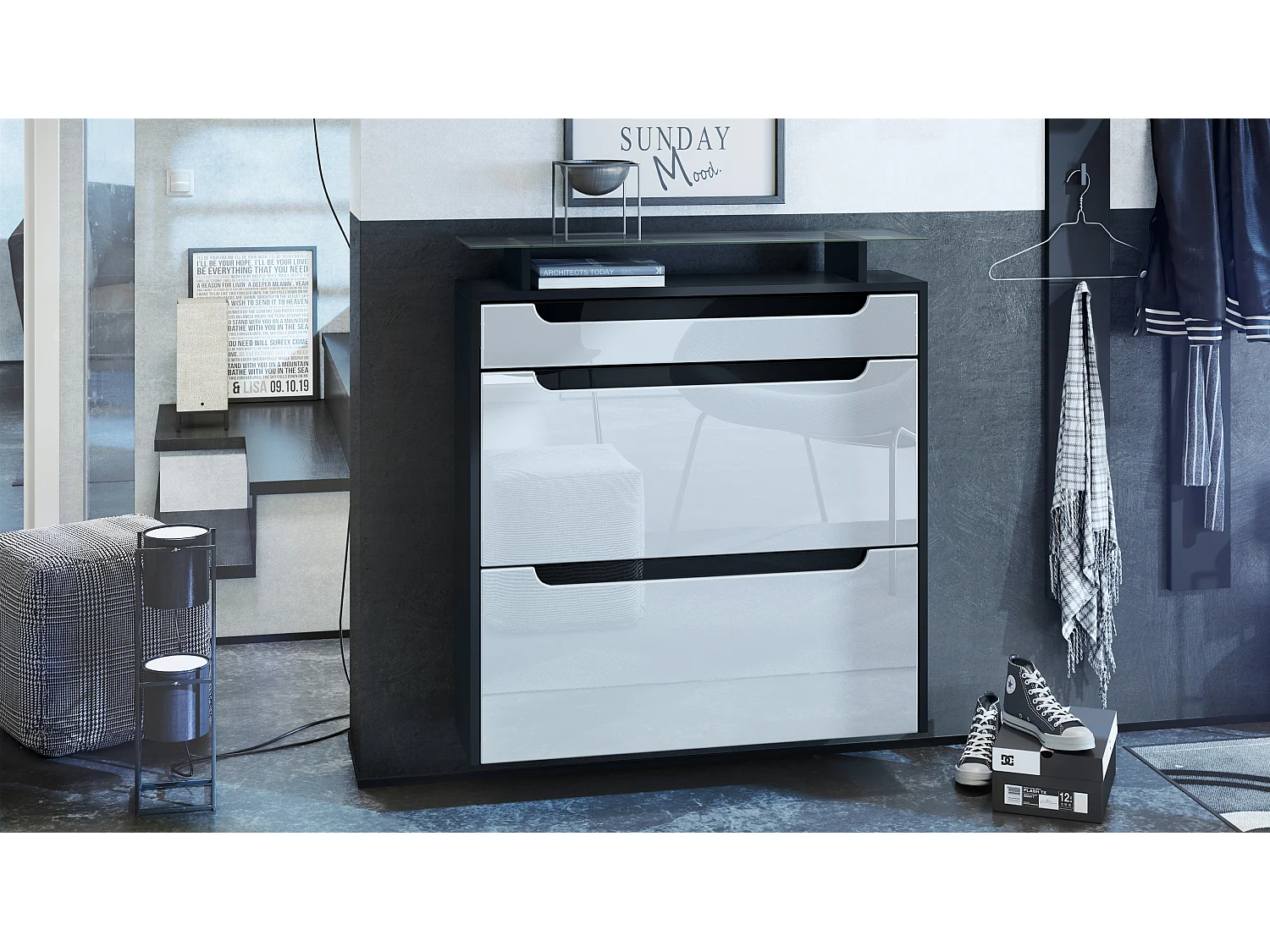 Scarpiera  Annie, mobile per 16 paia di scarpe con 2 ante a ribalta e 1 cassetto e ripiano in vetro, nero opaco/bianco lucido/nero lucido (89 x 96 x 23 cm)