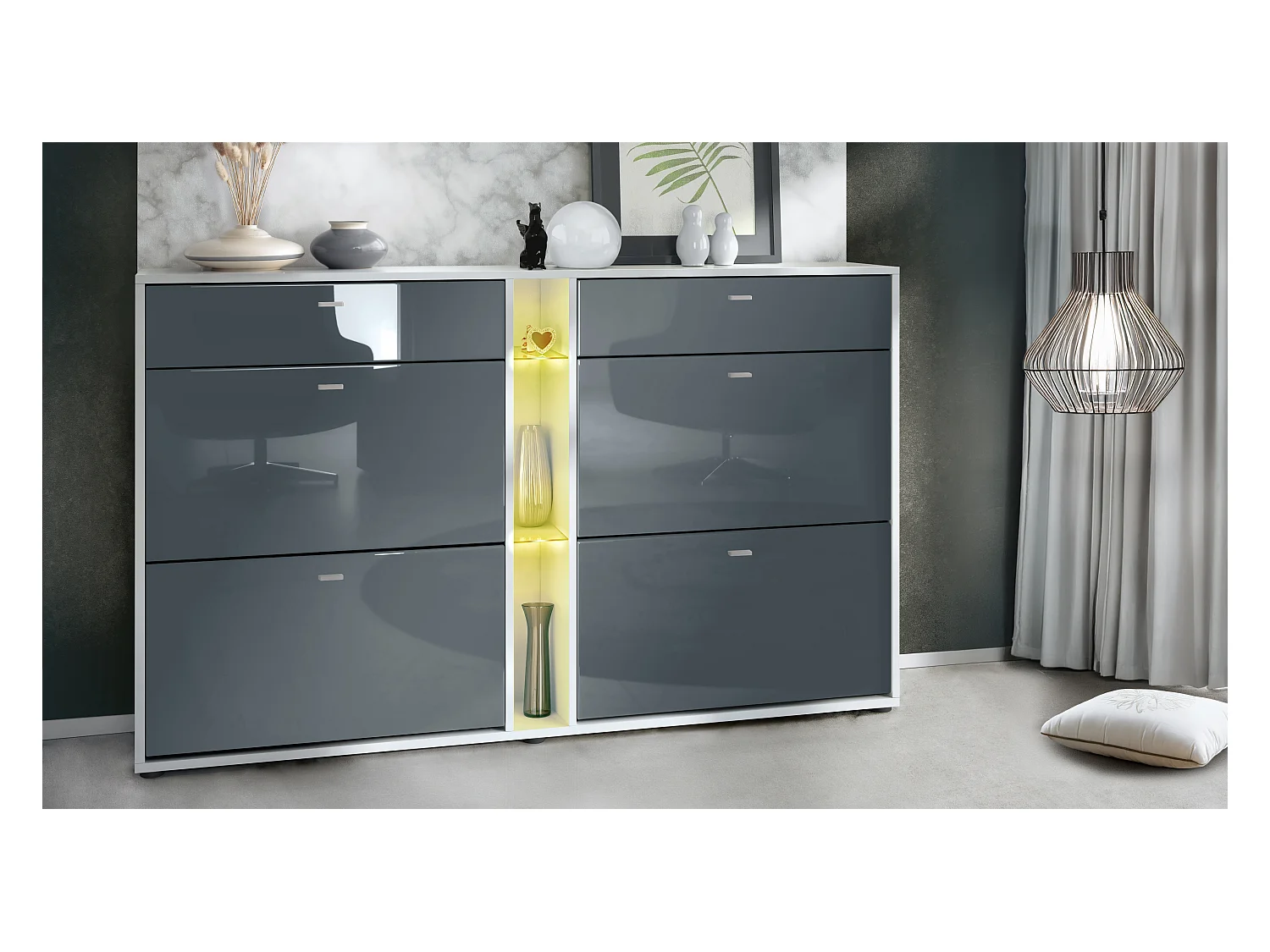 Meuble à chaussures à bascule Today 155,5 x 95 x 28 cm, avec un éclairage LED RGB, corps en Blanc mat, façades en gris haute brillance