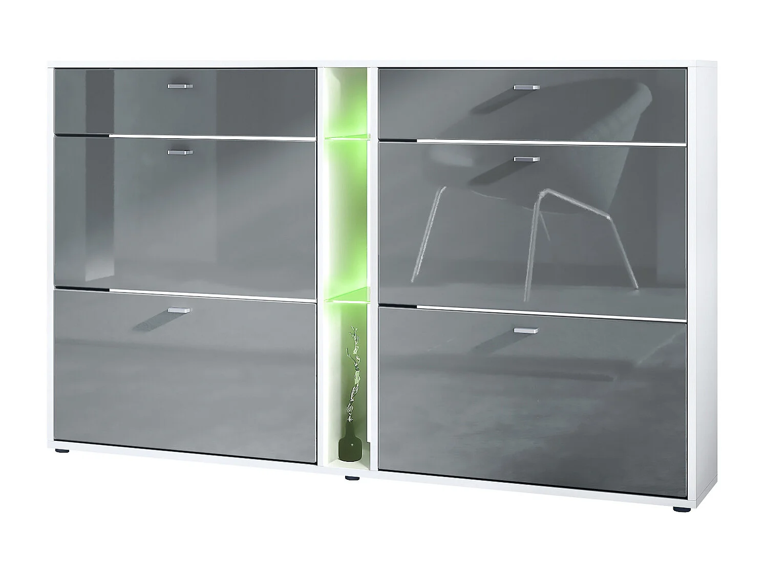 Scarpiera Today con 4 ante e 2 cassetti 155,5 x 95 x 28 cm, con illuminazione a LED RGB, struttura in bianco opaco, frontali in grigio lucido