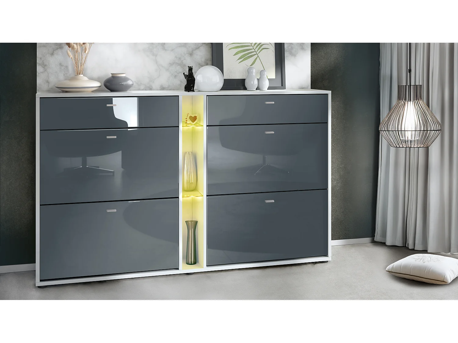 Scarpiera Today con 4 ante e 2 cassetti 155,5 x 95 x 28 cm, con illuminazione a LED RGB, struttura in bianco opaco, frontali in grigio lucido