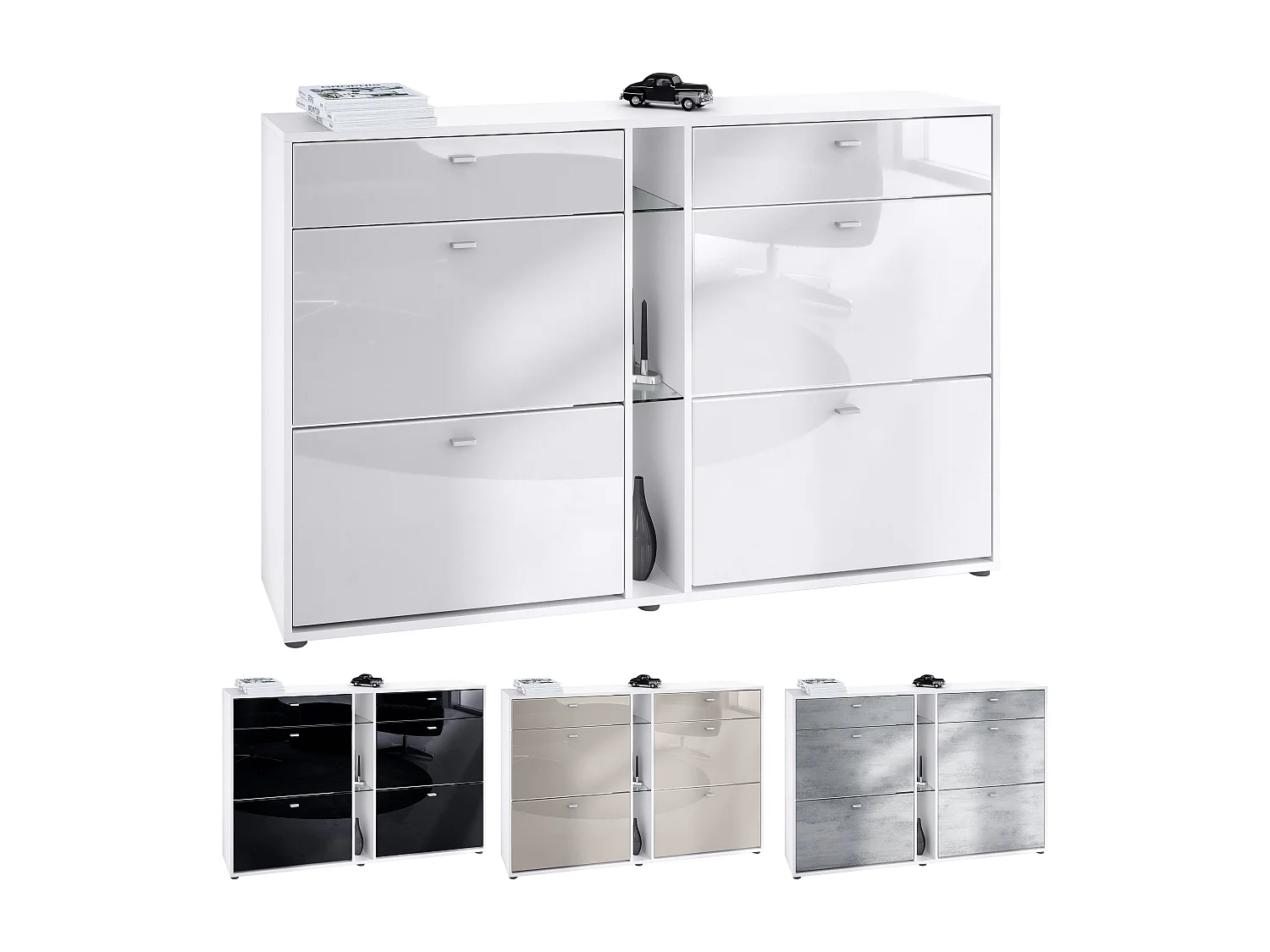 Scarpiera Today con 4 ante e 2 cassetti 155,5 x 95 x 28 cm, con illuminazione a LED RGB, struttura in bianco opaco, frontali in grigio lucido