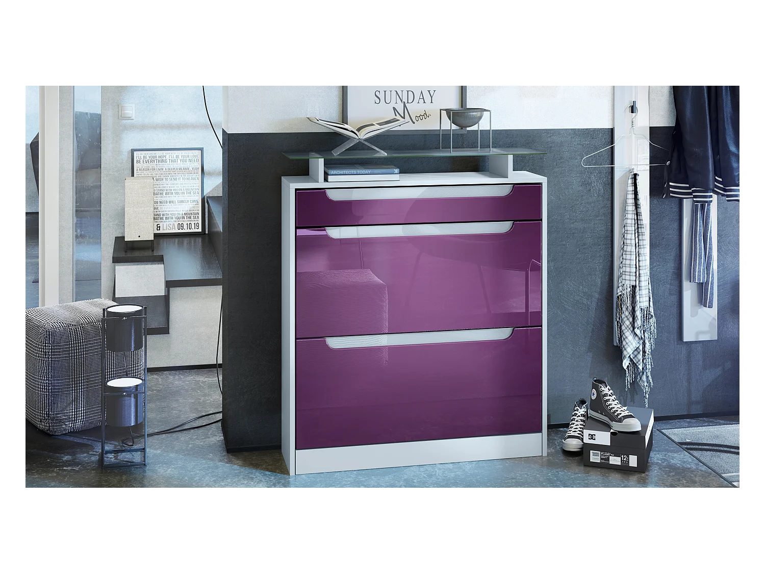 SCHUHSCHRANK Fiesta Brombeer Hochglanz / Weiß Hochglanz