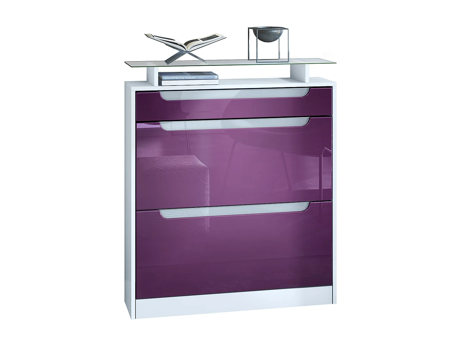 Armoire à chaussures Fiesta, blanc mat/mûre haute brillance/blanc haute brillance - basculeur pour 16 paires de chaussures (89 x 104 x 23 cm)