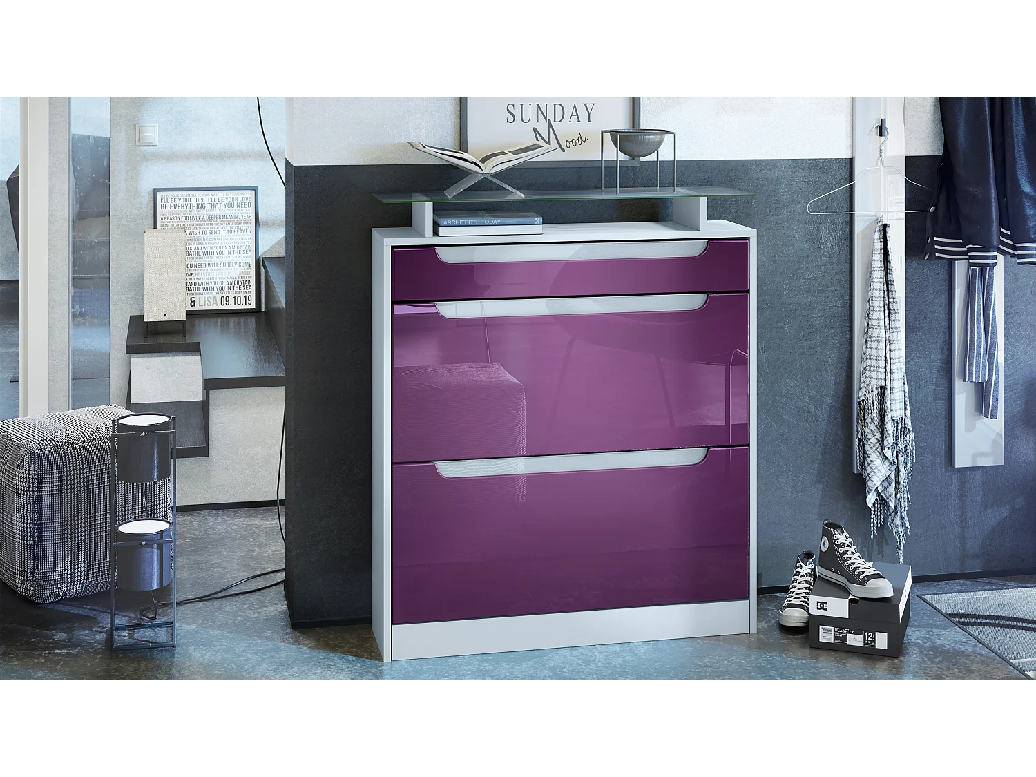 Armoire à chaussures Fiesta, blanc mat/mûre haute brillance/blanc haute brillance - basculeur pour 16 paires de chaussures (89 x 104 x 23 cm)