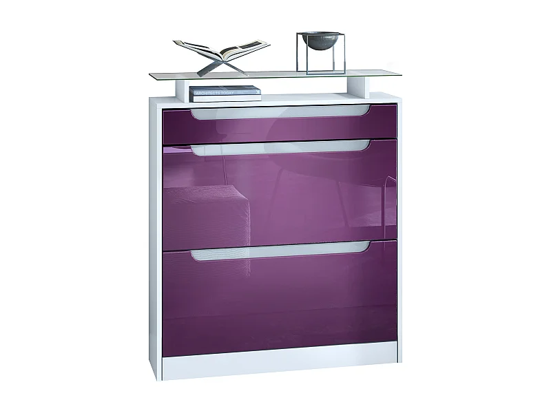 Armoire à chaussures Fiesta, blanc mat/mûre haute brillance/blanc haute brillance - basculeur pour 16 paires de chaussures (89 x 104 x 23 cm)