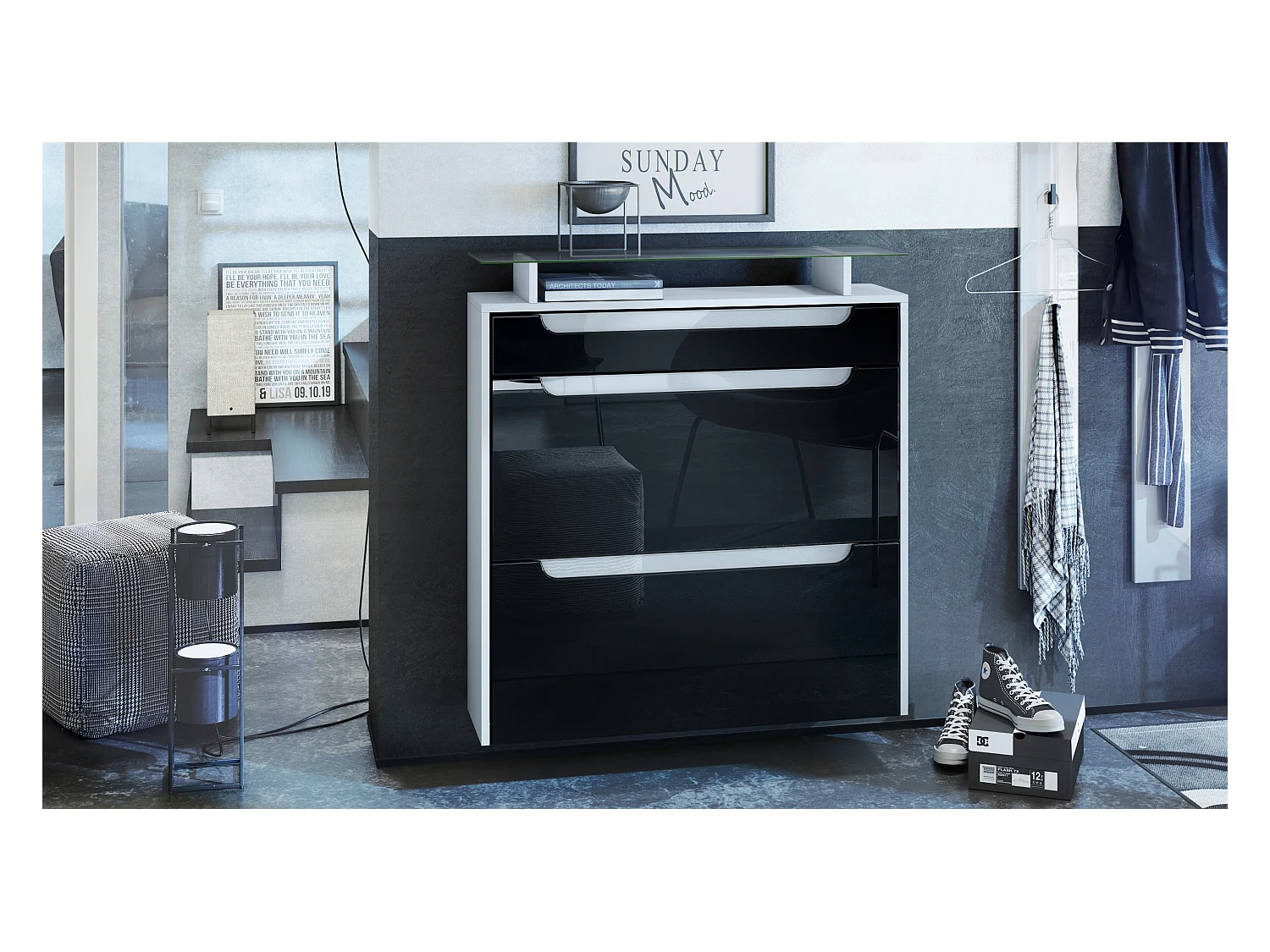 Meuble chaussures Annie pour 16 paires de chaussures avec 2 clapets et 1 tablette en verre, Blanc mat/Noir haute brillance (89 x 96 x 23 cm)