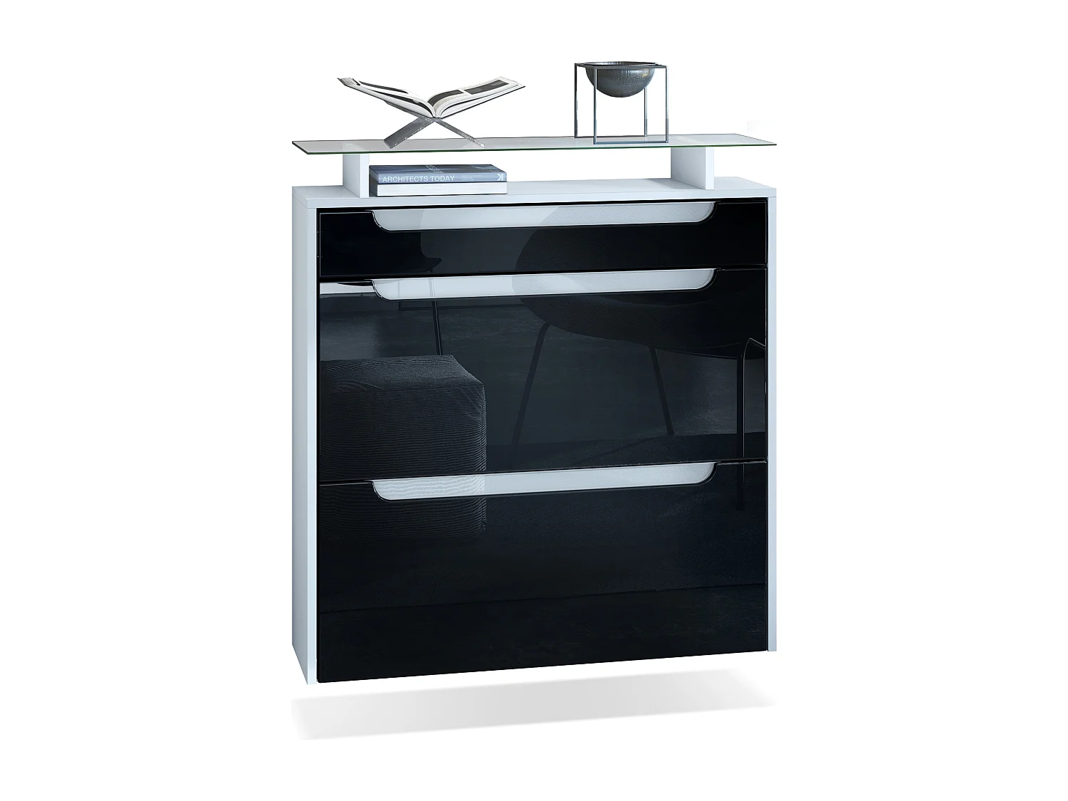 Scarpiera  Annie per 16 paia di scarpe con 2 ante a ribalta e ripiano in vetro, bianco opaco/nero lucido (89 x 96 x 23 cm)