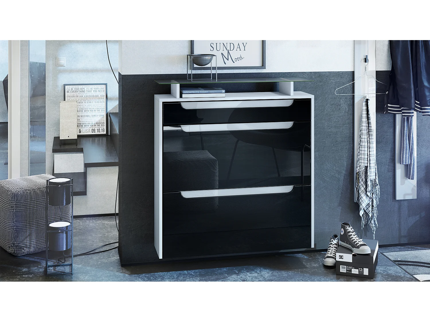 Scarpiera  Annie per 16 paia di scarpe con 2 ante a ribalta e ripiano in vetro, bianco opaco/nero lucido (89 x 96 x 23 cm)