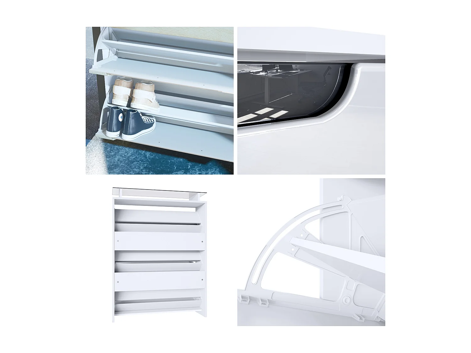 Scarpiera  Annie per 16 paia di scarpe con 2 ante a ribalta e ripiano in vetro, bianco opaco/nero lucido (89 x 96 x 23 cm)