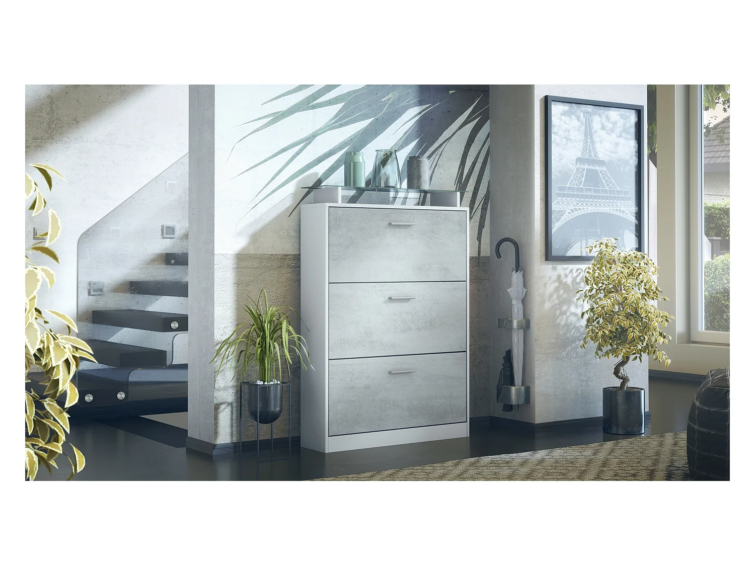 Meuble à chaussures Lavia, basculant pour 24 paires de chaussures avec 3 clapets et étagère en verre, Blanc mat/Aspect Béton Oxyde (89 x 128 x 23 cm)