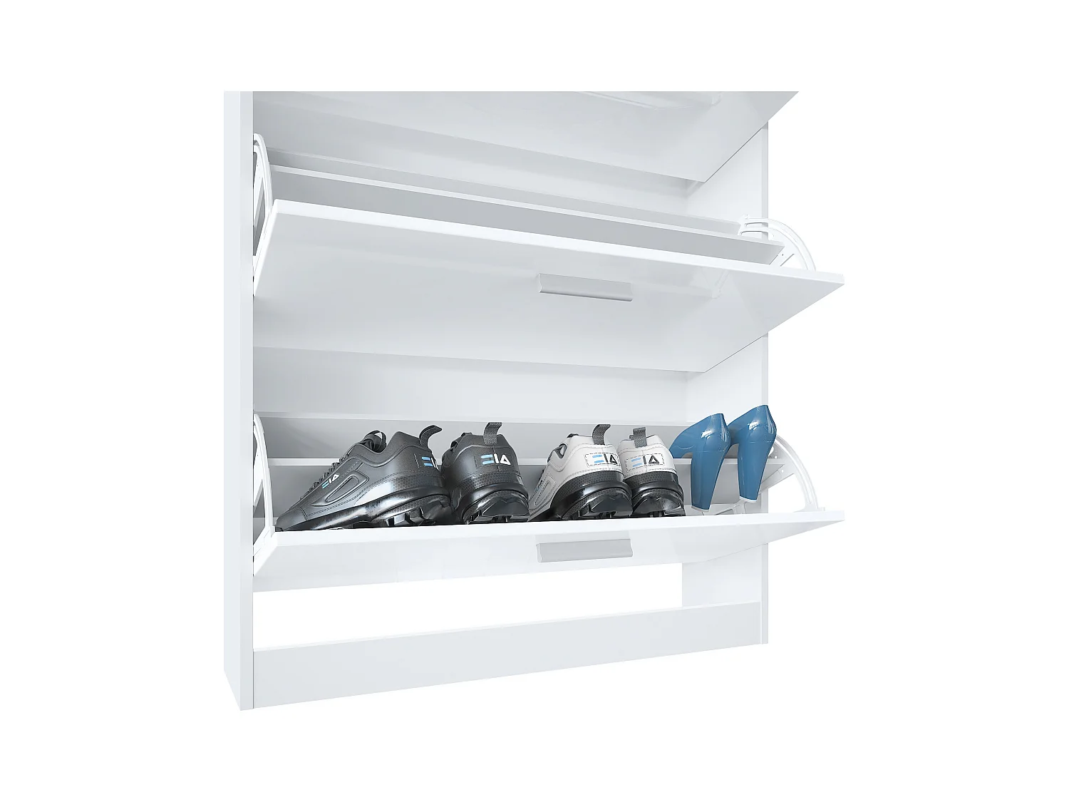 Meuble à chaussures Lavia, basculant pour 24 paires de chaussures avec 3 clapets et étagère en verre, Blanc mat/Aspect Béton Oxyde (89 x 128 x 23 cm)