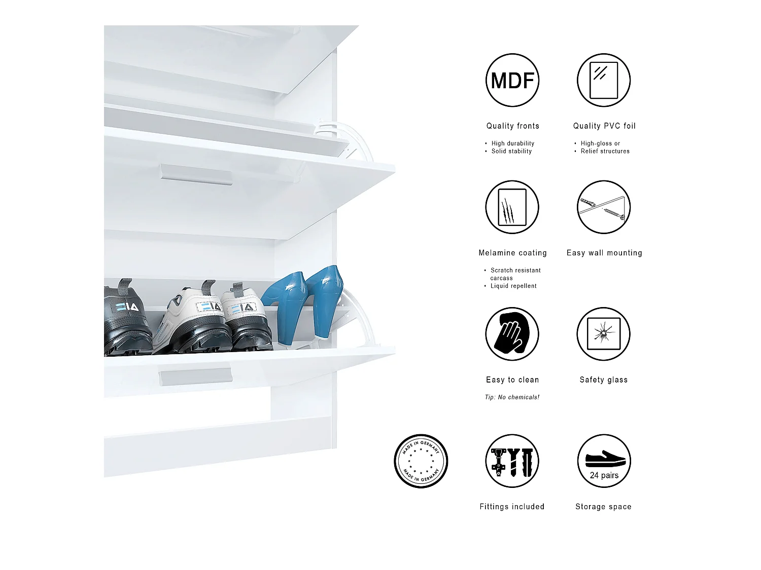 Meuble à chaussures Lavia, basculant pour 24 paires de chaussures avec 3 clapets et étagère en verre, Blanc mat/Aspect Béton Oxyde (89 x 128 x 23 cm)