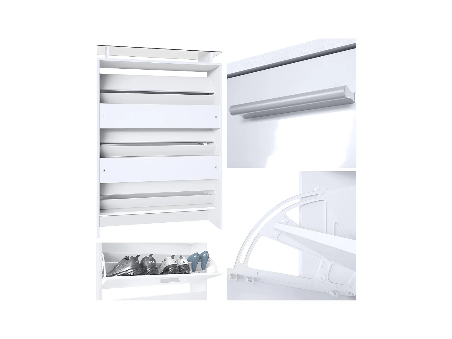 Meuble à chaussures Lavia, basculant pour 24 paires de chaussures avec 3 clapets et étagère en verre, Blanc mat/Aspect Béton Oxyde (89 x 128 x 23 cm)