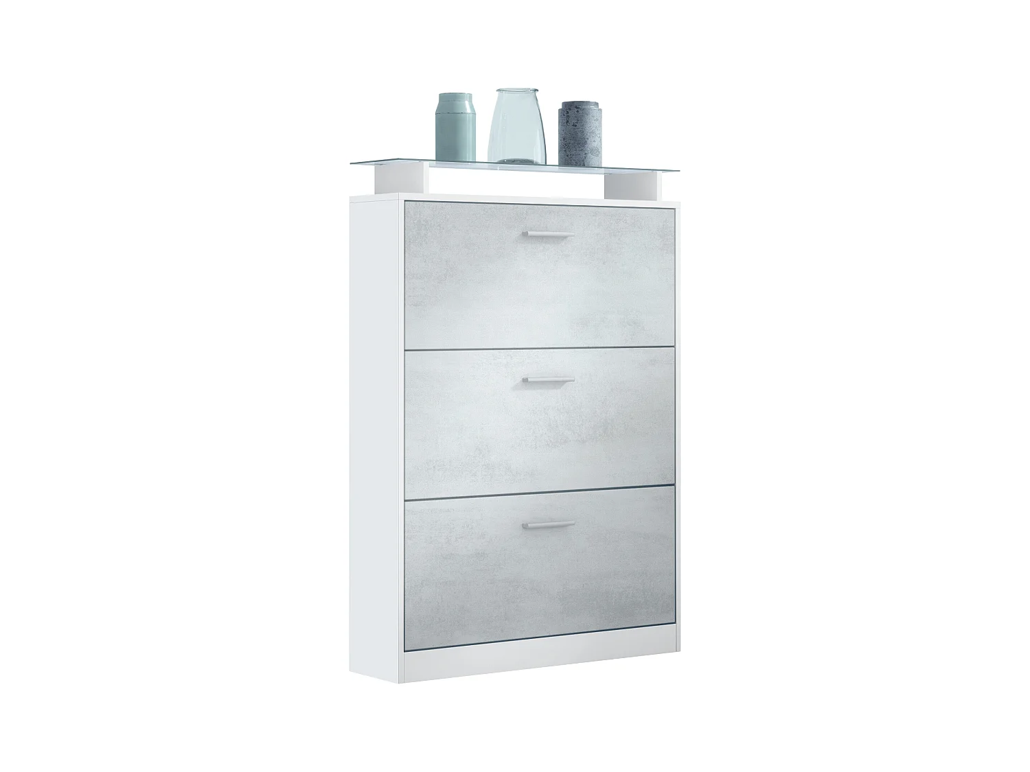 Meuble à chaussures Lavia, basculant pour 24 paires de chaussures avec 3 clapets et étagère en verre, Blanc mat/Aspect Béton Oxyde (89 x 128 x 23 cm)