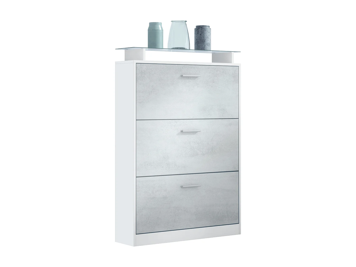 Scarpiera Lavia, mobile per 24 paia di scarpe con 3 ante a ribalta e un ripiano in vetro, bianco opaco/ossido grigio cemento (89 x 128 x 23 cm)