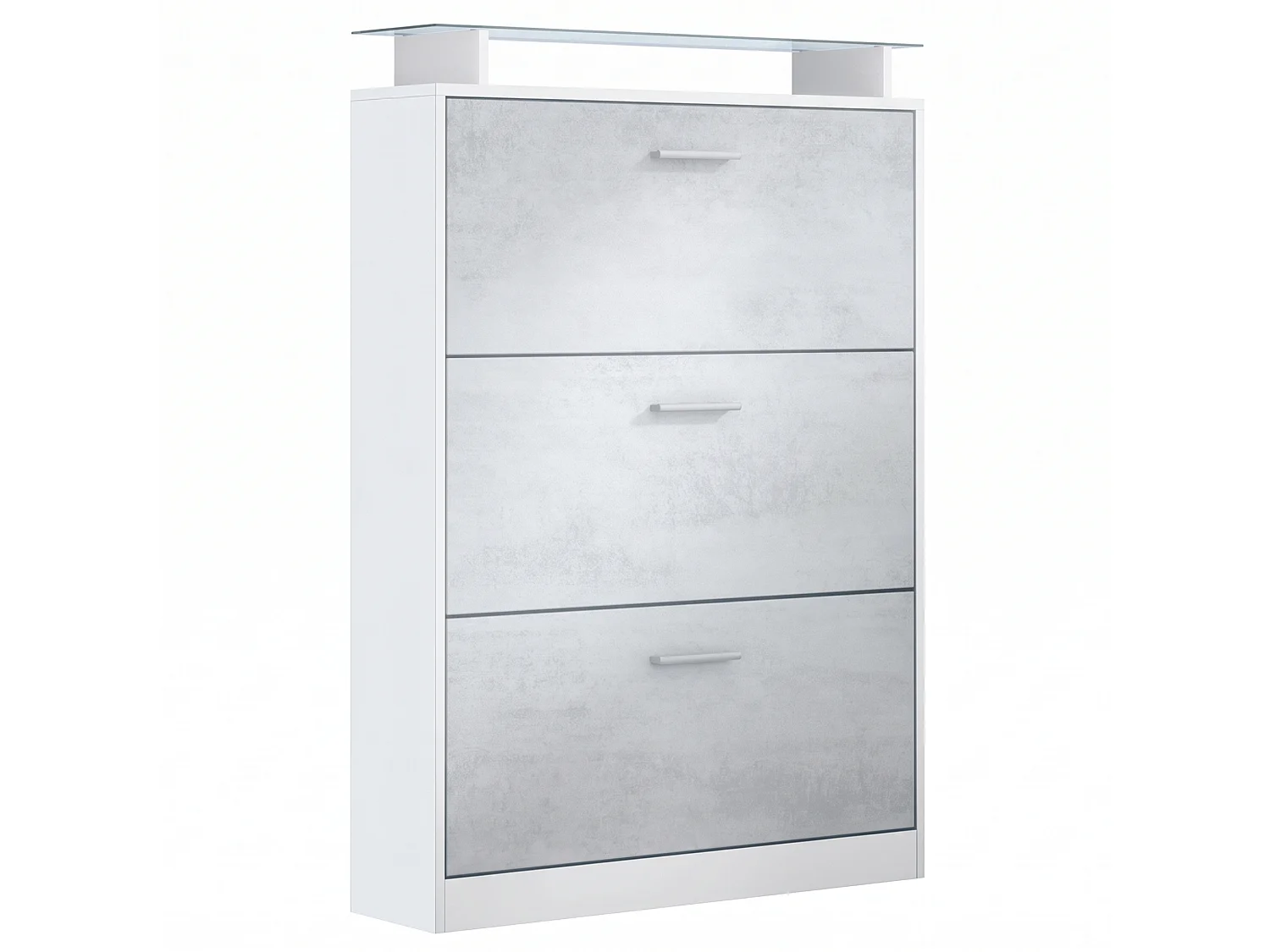 Meuble à chaussures Lavia, basculant pour 24 paires de chaussures avec 3 clapets et étagère en verre, Blanc mat/Aspect Béton Oxyde (89 x 128 x 23 cm)