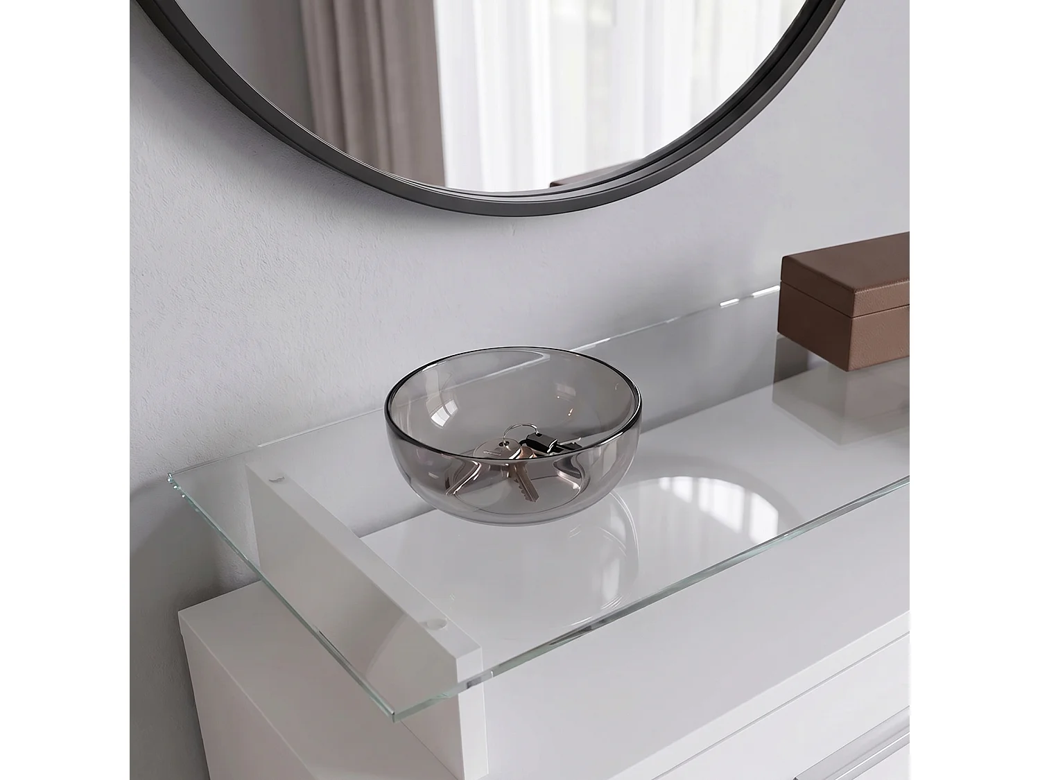 Meuble à chaussures Lavia, basculant pour 24 paires de chaussures avec 3 clapets et étagère en verre, Blanc mat/Aspect Béton Oxyde (89 x 128 x 23 cm)