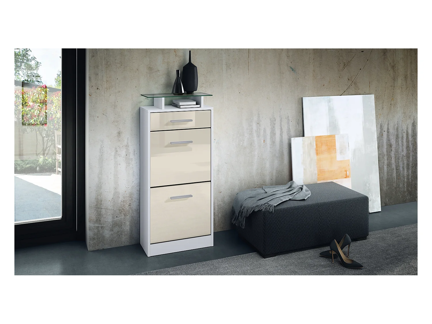 Meuble chaussure Loret V2, Étagère à chaussures pour 8 paires de chaussures avec 2 clapets, 1 tiroir, Blanc mat/Crème brillant (46 x 104 x 23 cm)