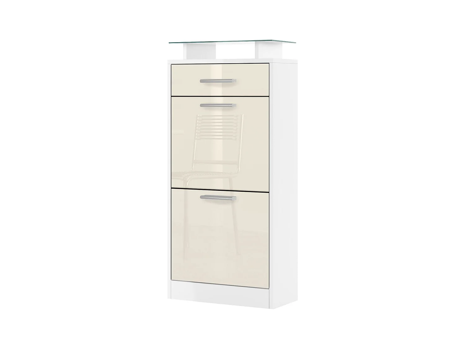 Meuble chaussure Loret V2, Étagère à chaussures pour 8 paires de chaussures avec 2 clapets, 1 tiroir, Blanc mat/Crème brillant (46 x 104 x 23 cm)