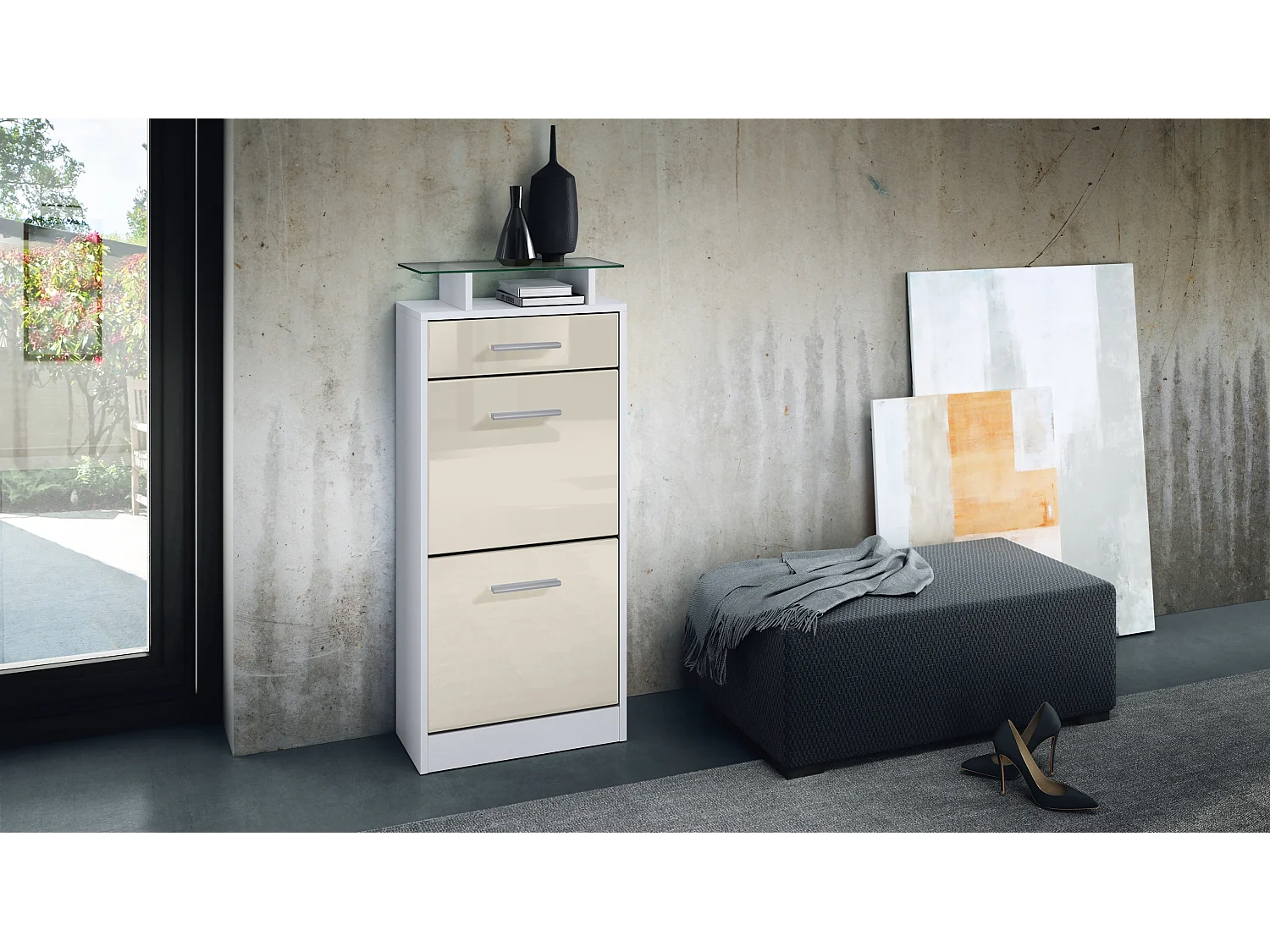 Scarpiera  Loret V2, mobile per 8 paia di scarpe con 2 ante a ribalta, 1 cassetto e ripiano in vetro, bianco opaco/crema lucido (46 x 104 x 23 cm)