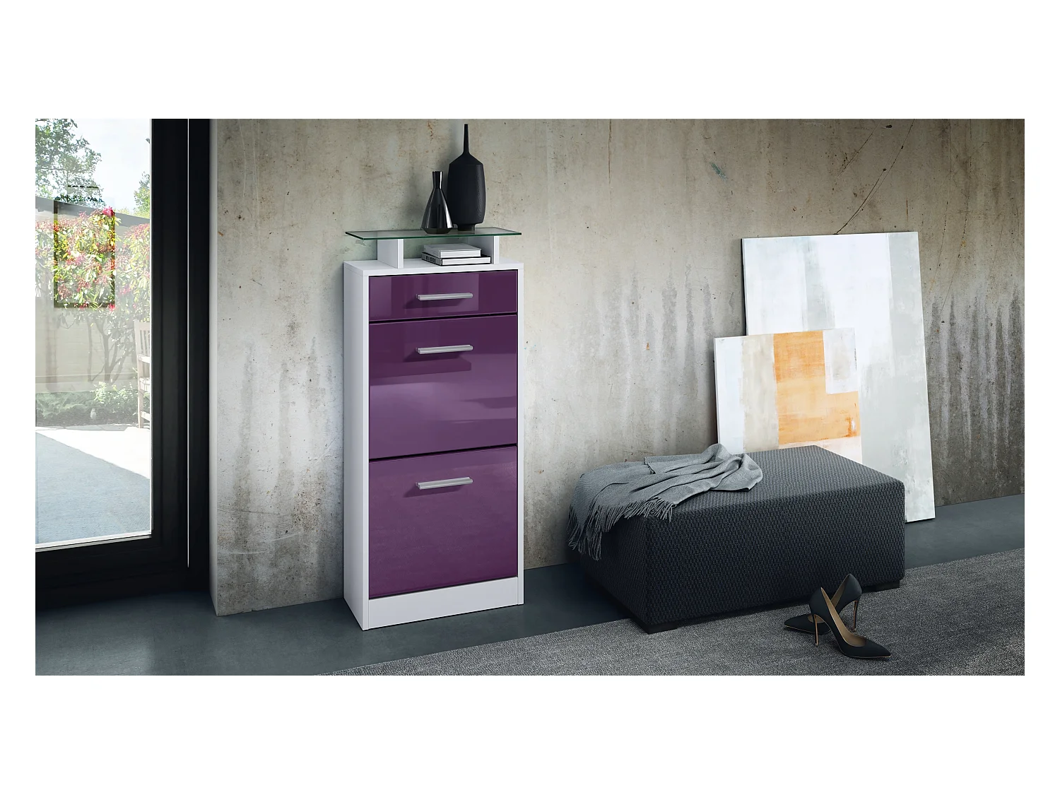 Meuble chaussure Loret V2, Étagère à chaussures pour 8 paires de chaussures avec 2 clapets, 1 tiroir, Blanc mat/Mûre brillant (46 x 104 x 23 cm)