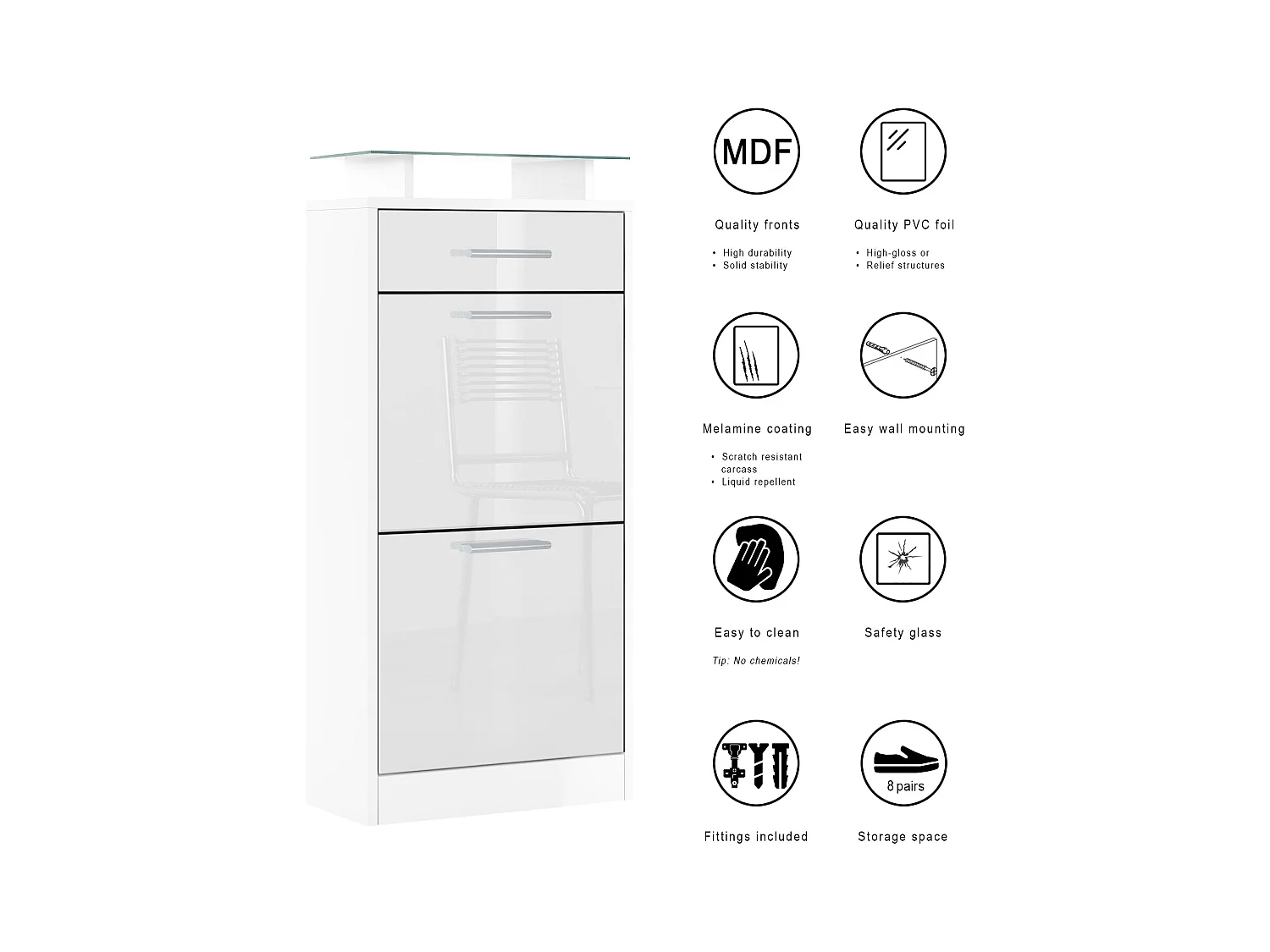 Meuble chaussure Loret V2, Étagère à chaussures pour 8 paires de chaussures avec 2 clapets, 1 tiroir, Blanc mat/Mûre brillant (46 x 104 x 23 cm)