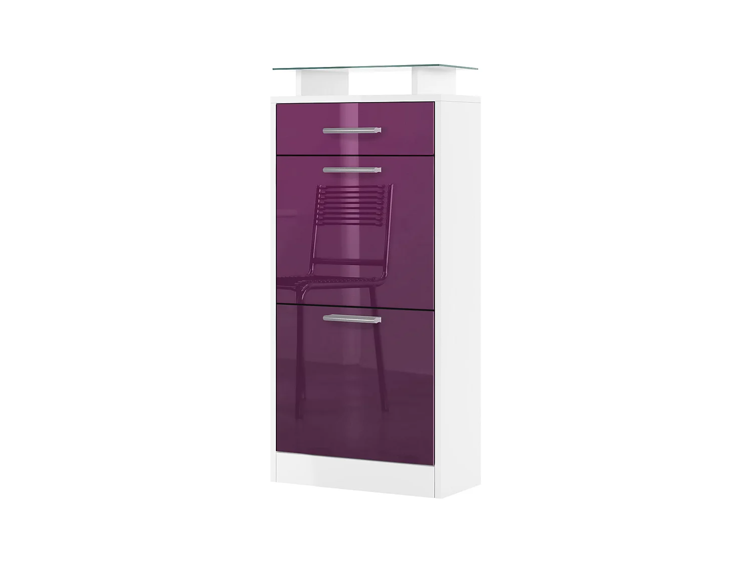 Meuble chaussure Loret V2, Étagère à chaussures pour 8 paires de chaussures avec 2 clapets, 1 tiroir, Blanc mat/Mûre brillant (46 x 104 x 23 cm)