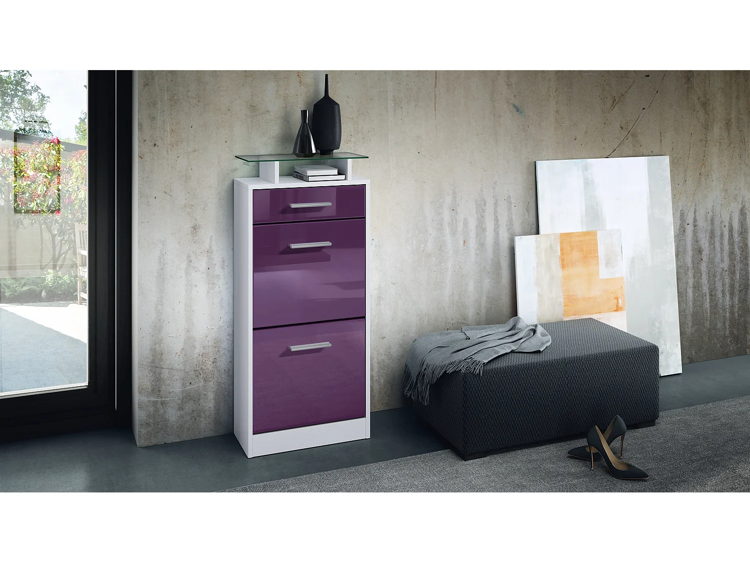 Meuble chaussure Loret V2, Étagère à chaussures pour 8 paires de chaussures avec 2 clapets, 1 tiroir, Blanc mat/Mûre brillant (46 x 104 x 23 cm)