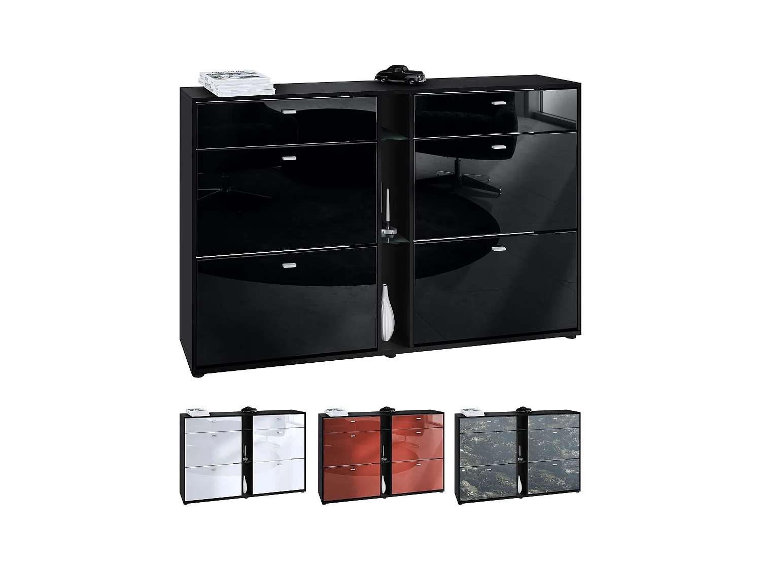 Meuble à chaussures à bascule Today 155,5 x 95 x 28 cm, avec un éclairage LED blanc, corps en Noir mat, façades en noir mat