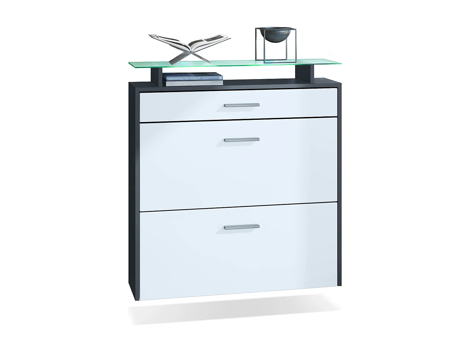 Scarpiera Vladon Malea, antracite opaco /bianco opaco incl. LED - carrello appeso per 16 paia di scarpe (89 x 96 x 23 cm)