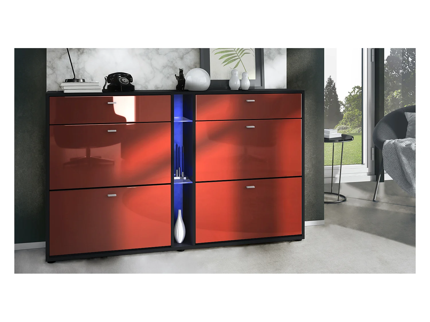 Meuble à chaussures à bascule Today 155,5 x 95 x 28 cm, avec un éclairage LED RGB, corps en Noir mat, façades en bordeaux haute brillance
