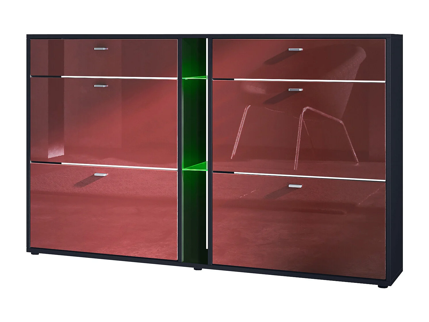 Scarpiera Today con 4 ante e 2 cassetti 155,5 x 95 x 28 cm, con illuminazione a LED RGB, struttura in nero opaco, frontali in bordeaux lucido