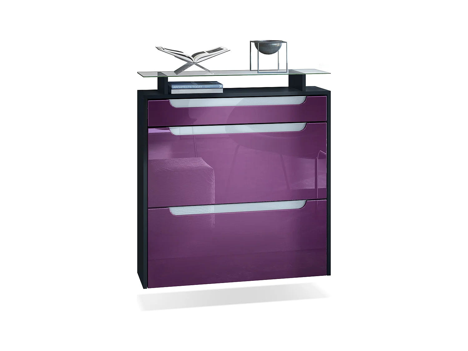 Meuble chaussures Annie pour 16 paires de chaussures avec 2 clapets et 1 tablette en verre, Noir mat/Mûre haute brillance (89 x 96 x 23 cm)