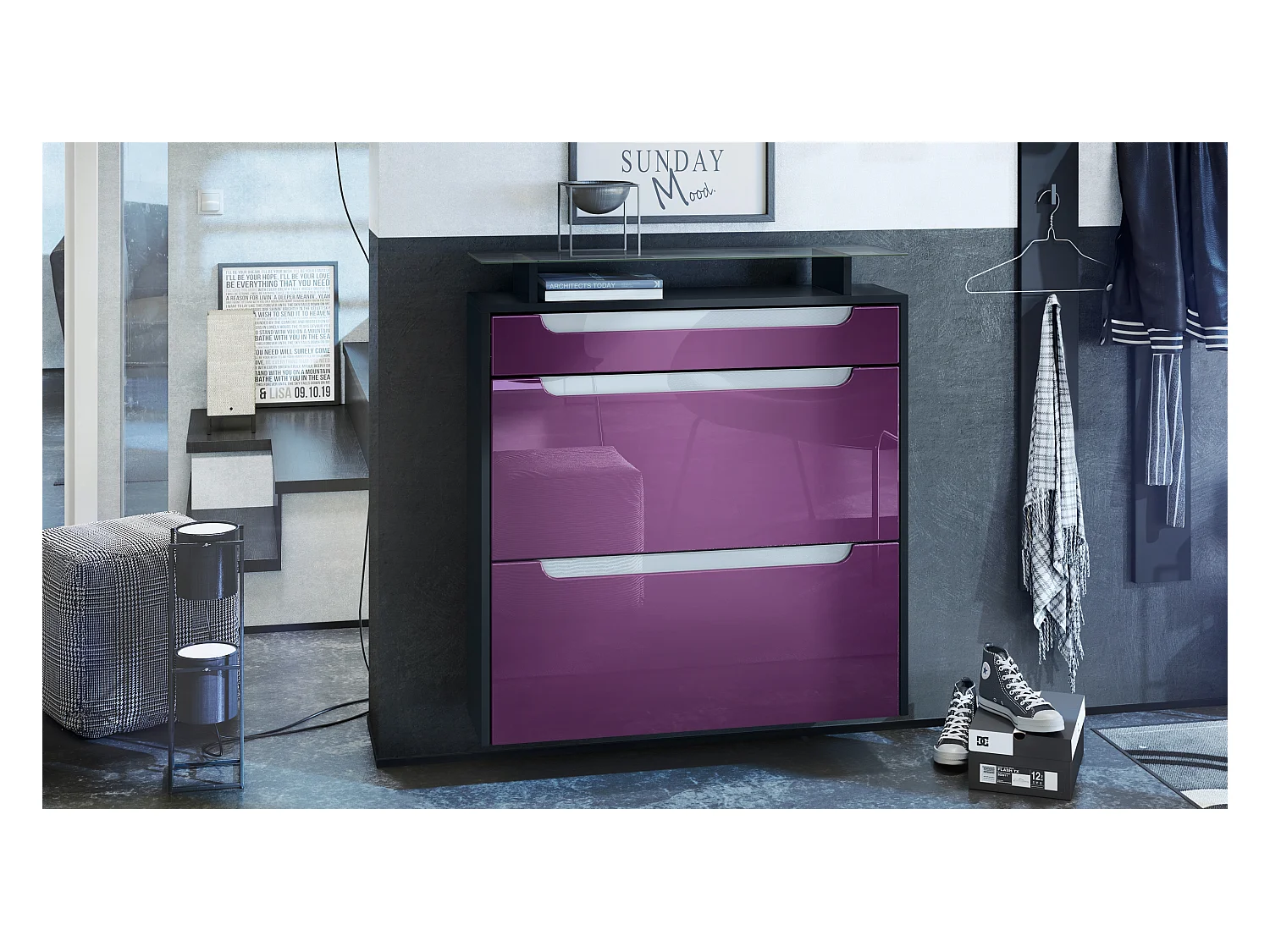 Meuble chaussures Annie pour 16 paires de chaussures avec 2 clapets et 1 tablette en verre, Noir mat/Mûre haute brillance (89 x 96 x 23 cm)