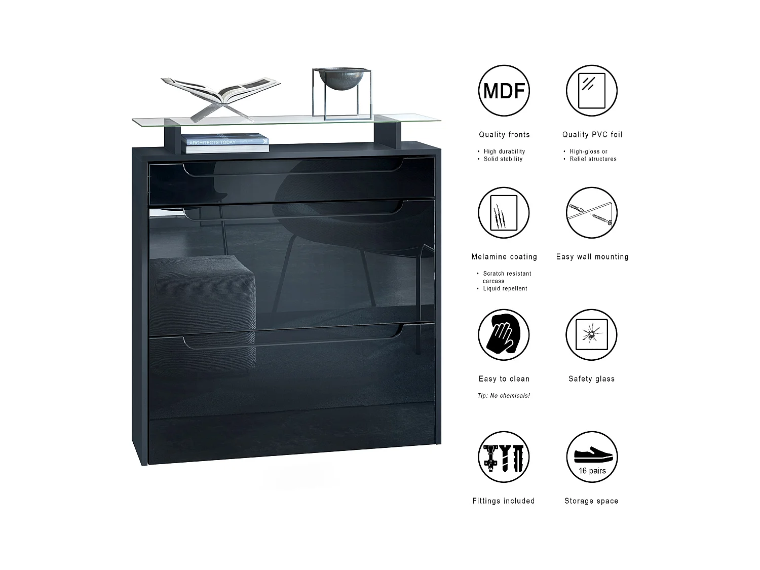 Meuble chaussures Annie pour 16 paires de chaussures avec 2 clapets et 1 tablette en verre, Noir mat/Mûre haute brillance (89 x 96 x 23 cm)