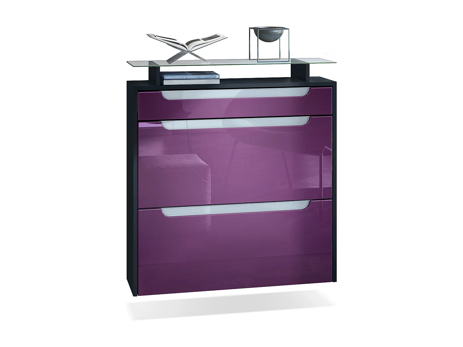 Scarpiera  Annie, mobile per 16 paia di scarpe con 2 ante a ribalta e 1 cassetto e ripiano in vetro, nero opaco/violetto-porpora/bianco lucido (89 x 96 x 23 cm)