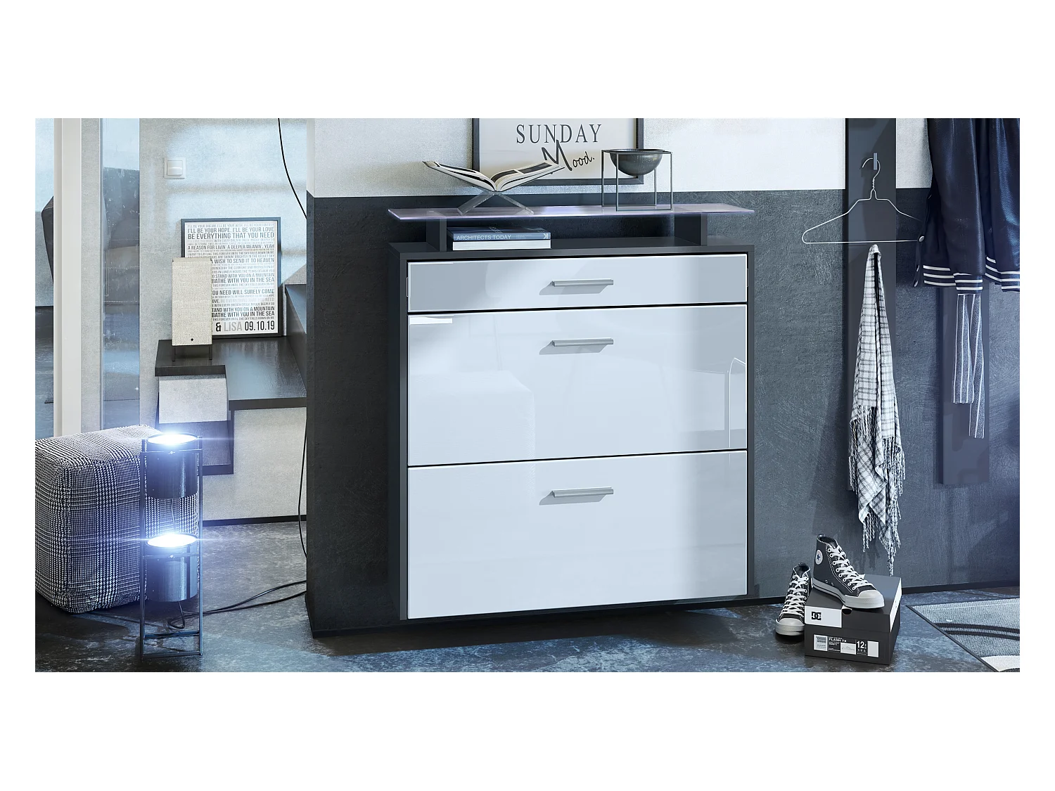 Armoire à chaussures Malea de , anthracite mat/Blanc brillant y compris LED - basculeur à chaussures suspendu pour 16 paires de chaussures (89 x 96 x 23 cm)