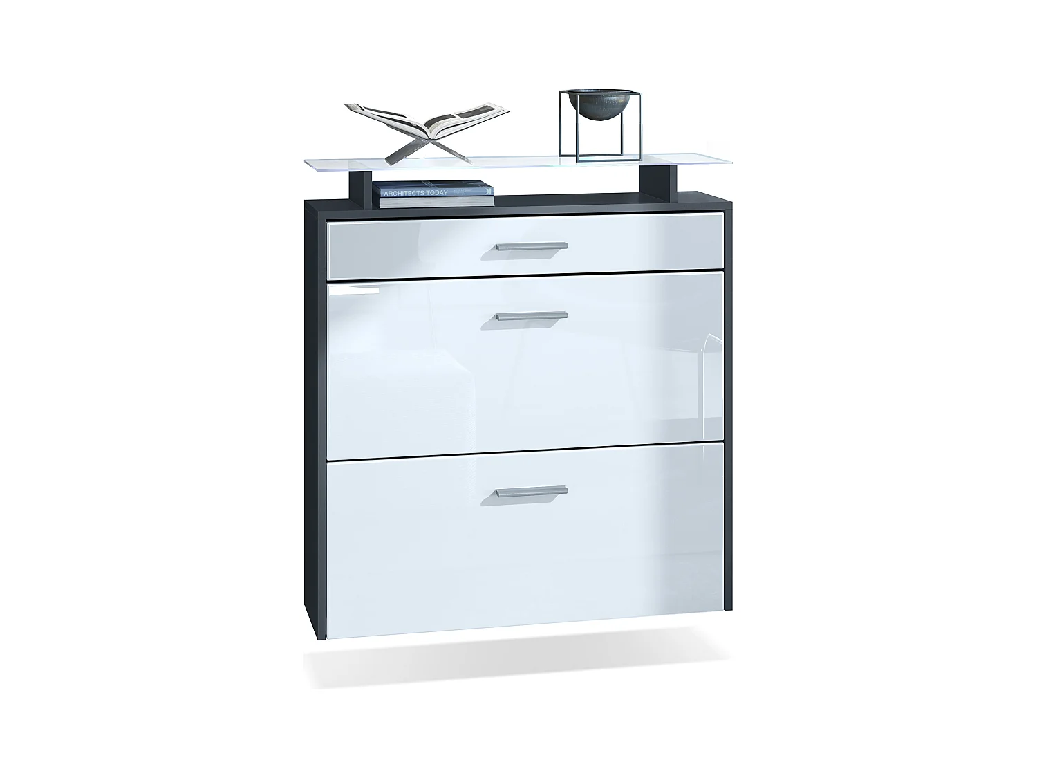Armoire à chaussures Malea de , anthracite mat/Blanc brillant y compris LED - basculeur à chaussures suspendu pour 16 paires de chaussures (89 x 96 x 23 cm)