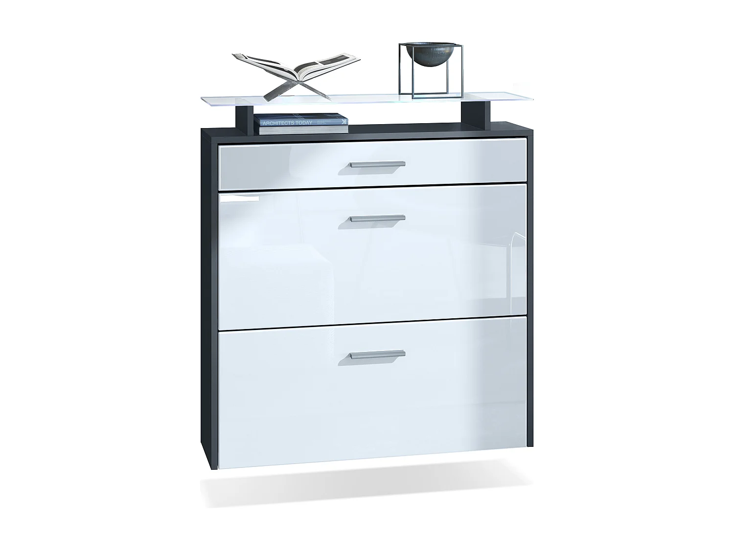 Scarpiera Vladon Malea, antracite opaco /bianco lucido incl. LED - carrello appeso per 16 paia di scarpe (89 x 96 x 23 cm)