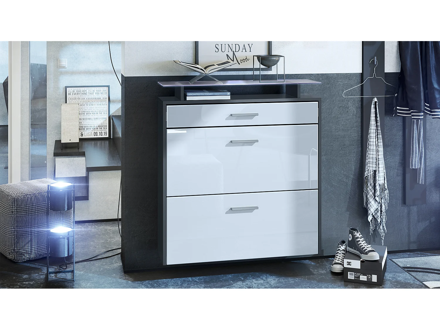 Scarpiera Vladon Malea, antracite opaco /bianco lucido incl. LED - carrello appeso per 16 paia di scarpe (89 x 96 x 23 cm)