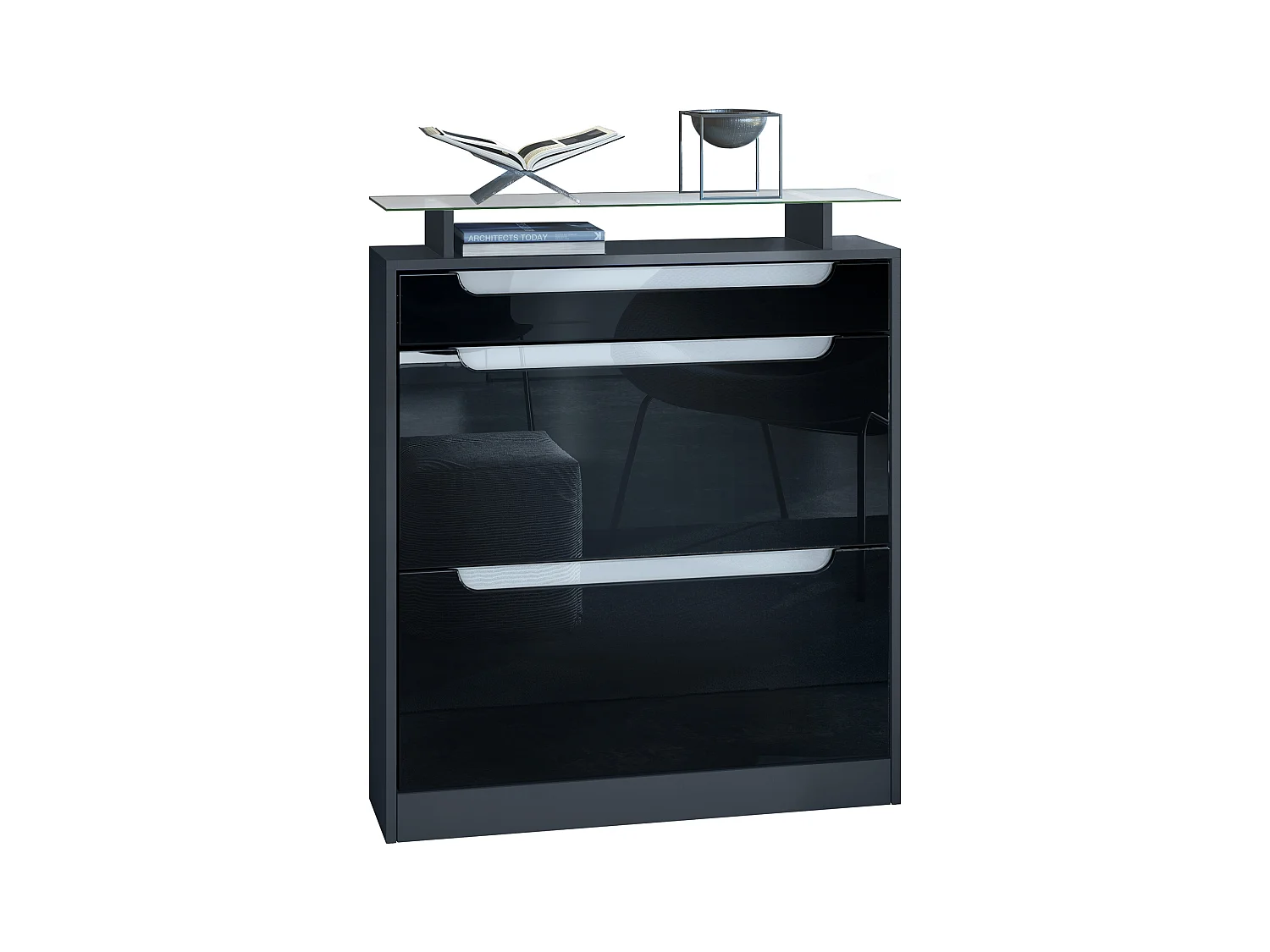 Meuble chaussure Fiesta pour 16 paires de chaussures avec clapets et tablette en verre, Anthracite mat/Noir brillant, poignées Blanc brillant (89x104x23 cm)