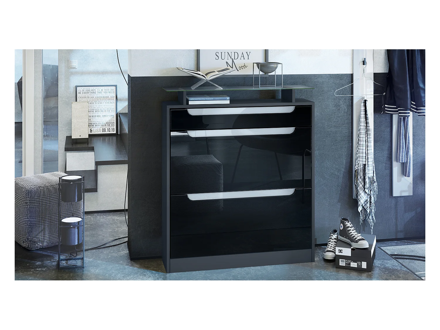 Meuble chaussure Fiesta pour 16 paires de chaussures avec clapets et tablette en verre, Anthracite mat/Noir brillant, poignées Blanc brillant (89x104x23 cm)