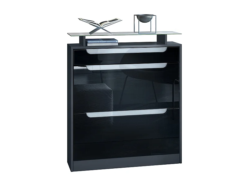 Scarpiera  Fiesta per 16 paia di scarpe con 2 ante a ribalta e ripiano in vetro, antracite/nero lucido, maniglie incassate in bianco lucido (89 x 104 x 23 cm)