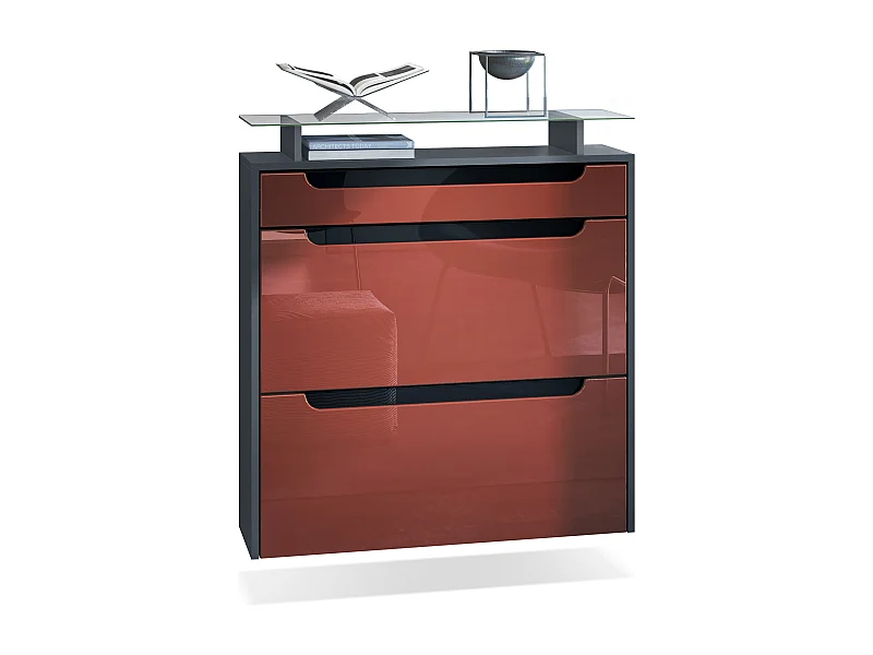 Meuble chaussures Annie pour 16 paires de chaussures avec clapets et tablette en verre, Anthracite mat/Bordeaux brillant, poignées Noir brillant (89x96x23 cm)